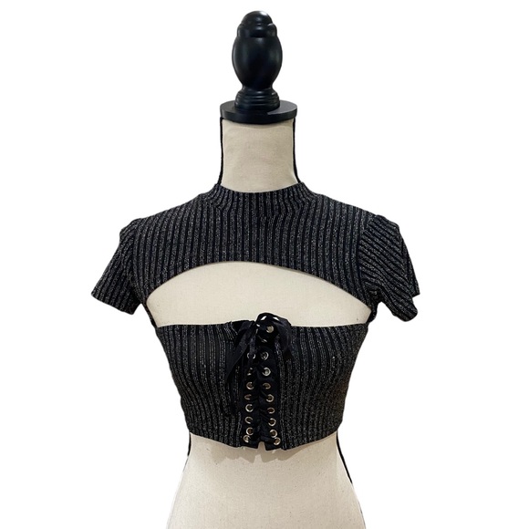 Tops - Lurex Glitter Fabric Mock Neck Corset Tee